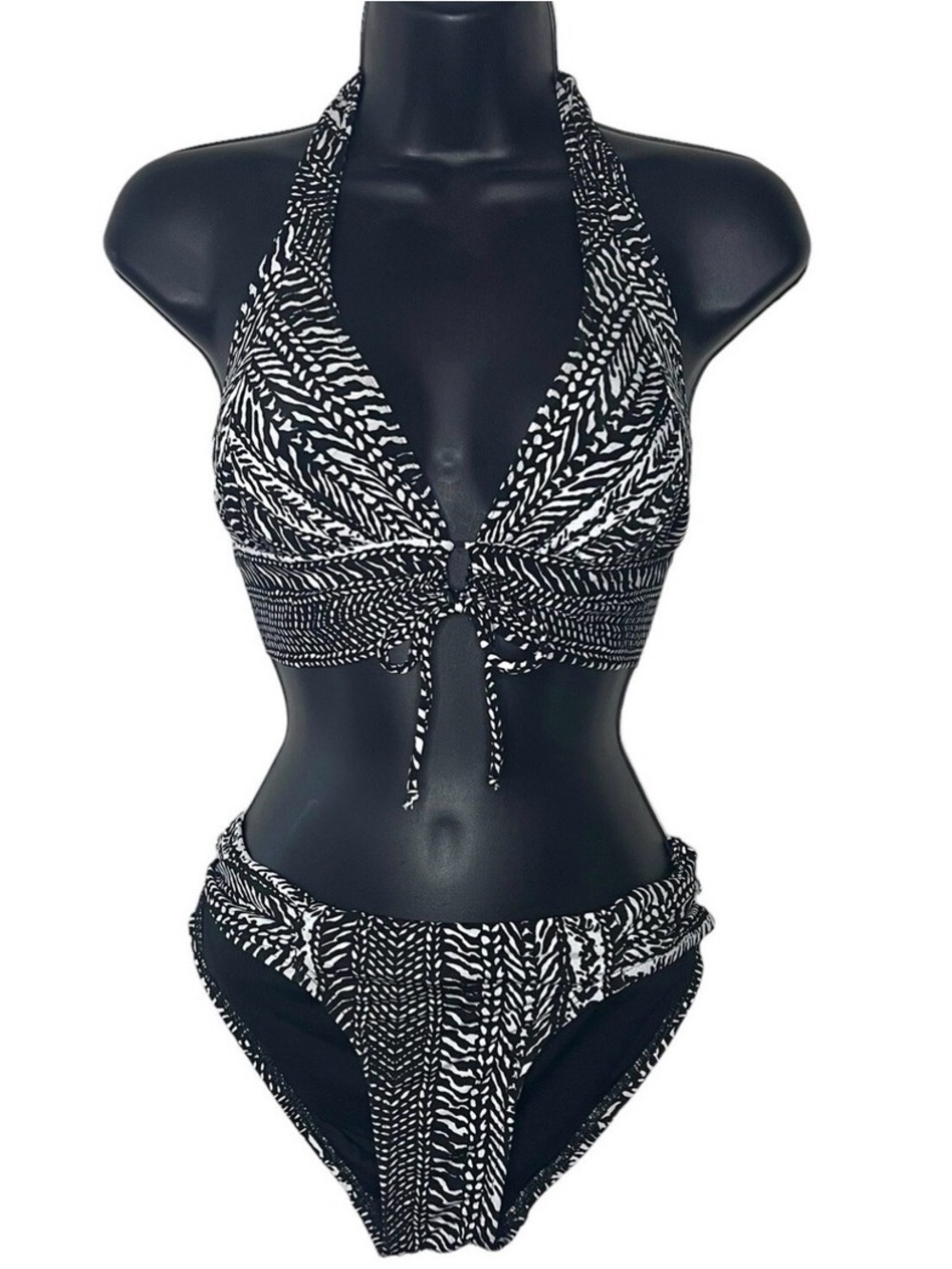 Robin Piccone Black and White Halter Tie-Front Bikini Set